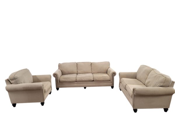 Beige Studded Couch, Loveseat & Chair Set (loveseat sold)
