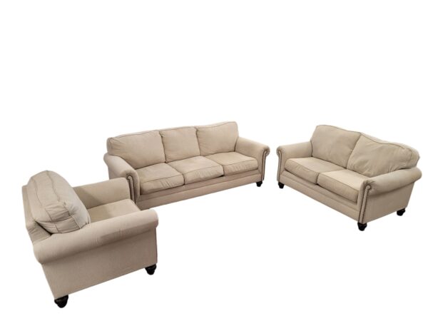 Beige Studded Couch, Loveseat & Chair Set (loveseat sold) - Image 3