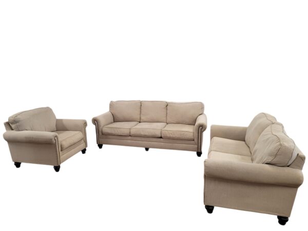 Beige Studded Couch, Loveseat & Chair Set (loveseat sold) - Image 4