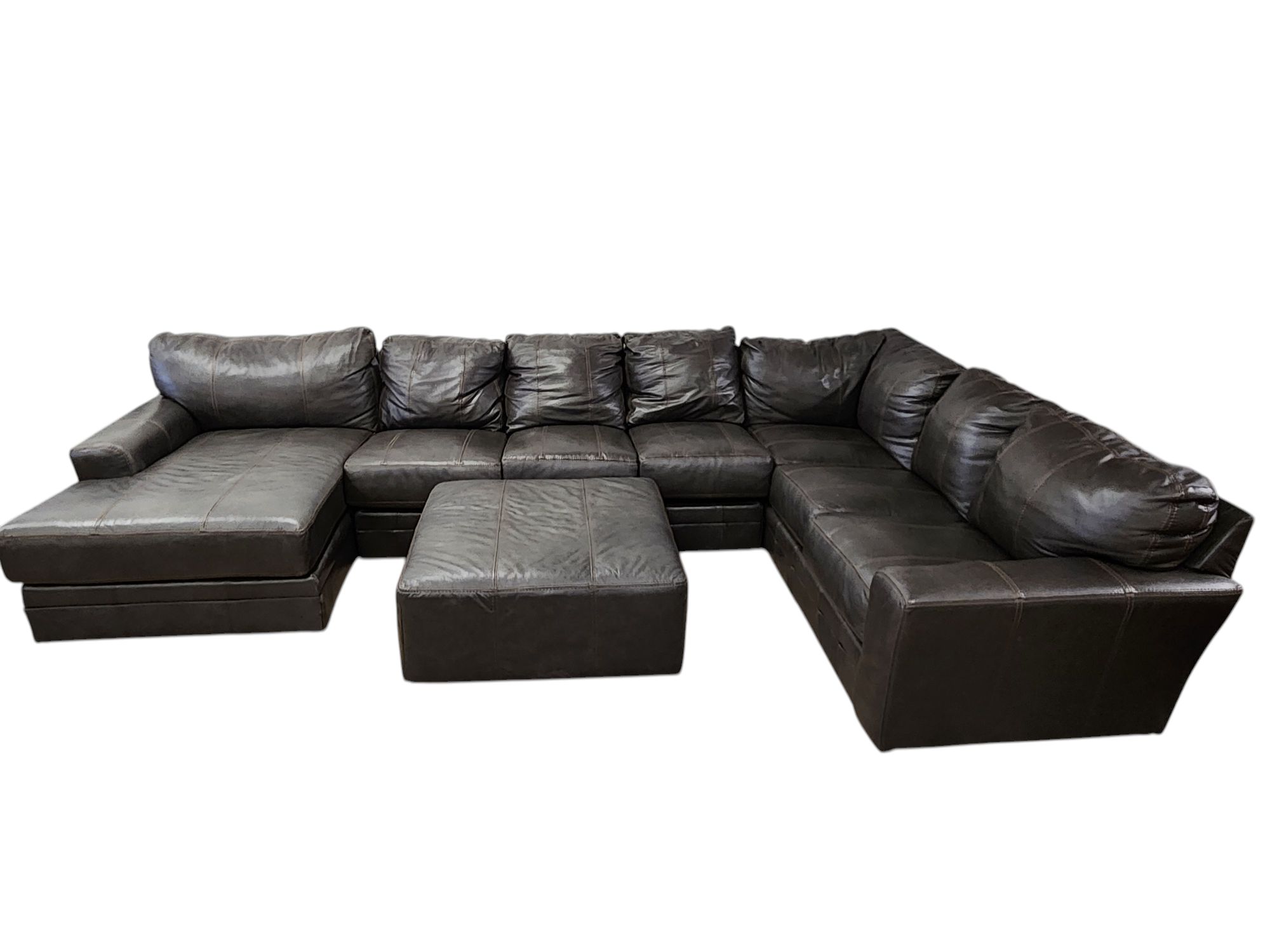Dark Leather Sectional with Ottoman