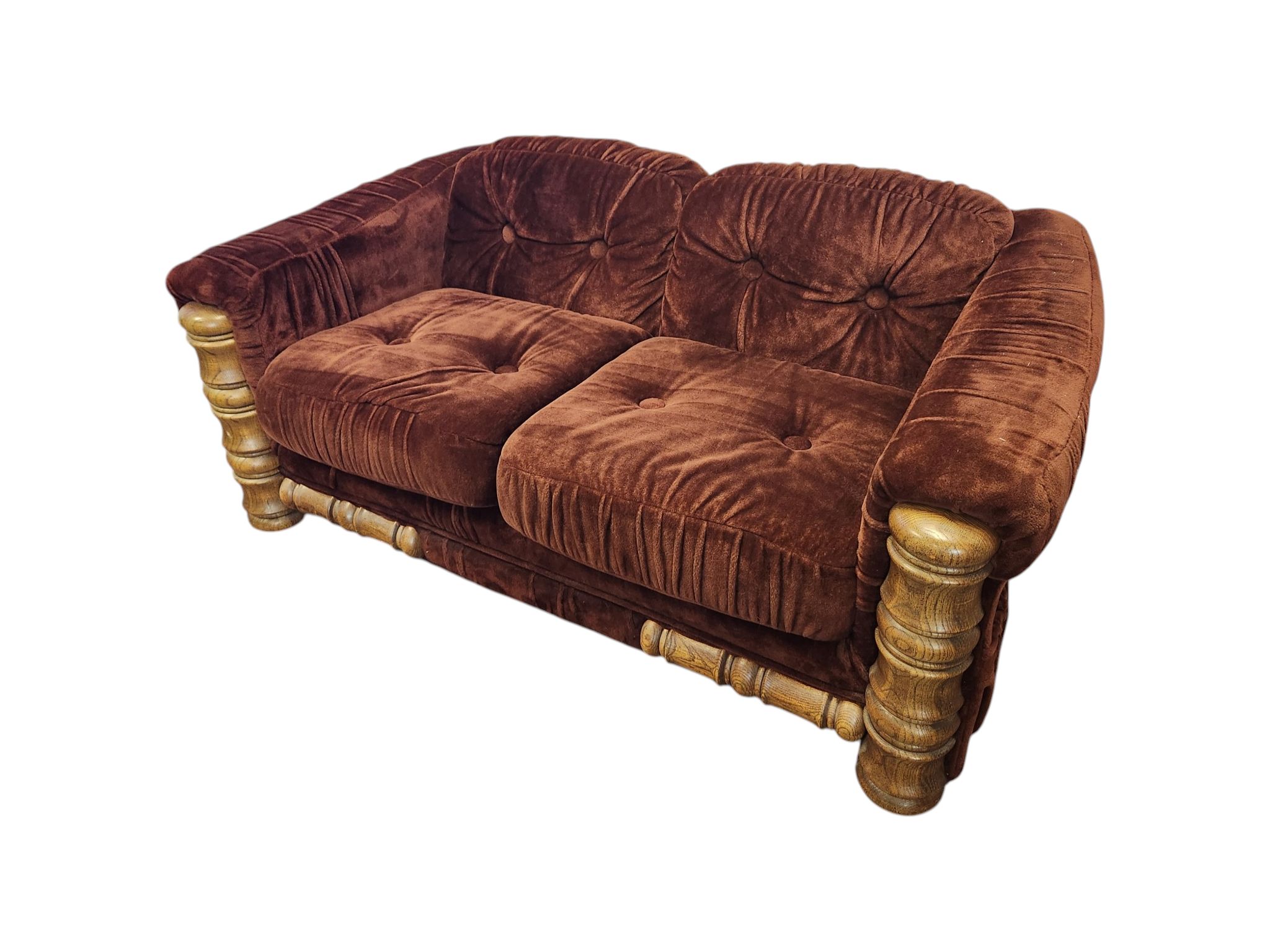 Vintage Wood Maroon Velvet Loveseat - Image 4