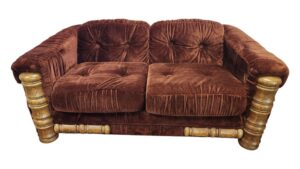Vintage Wood Maroon Velvet Loveseat