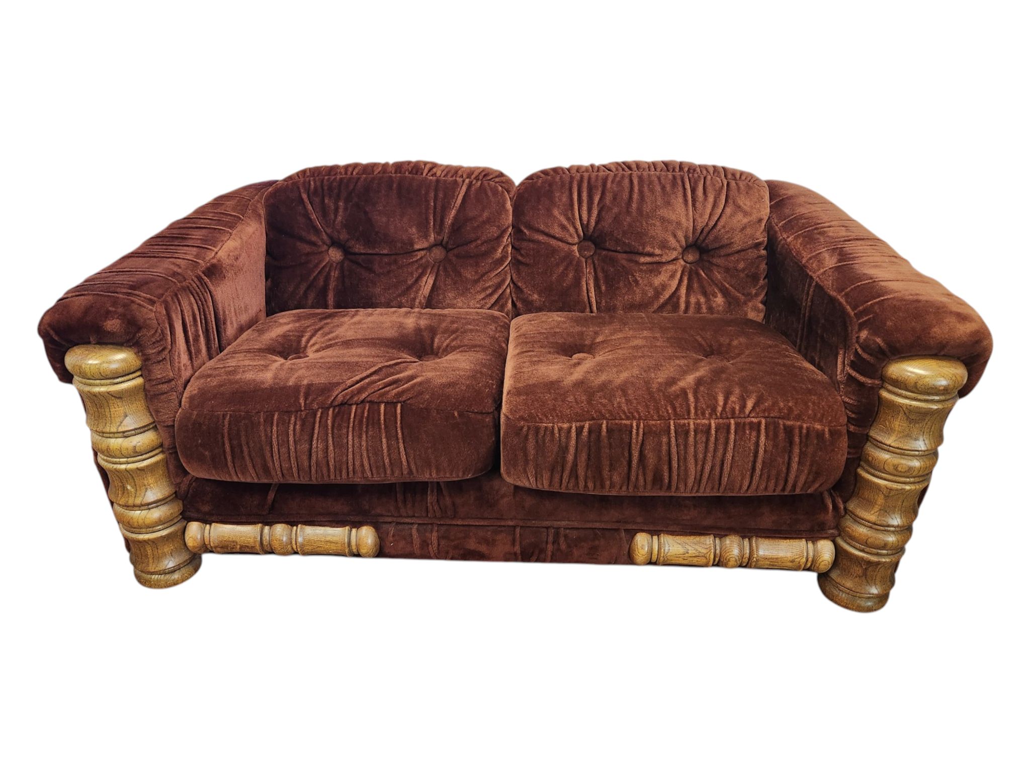 Vintage Wood Maroon Velvet Loveseat