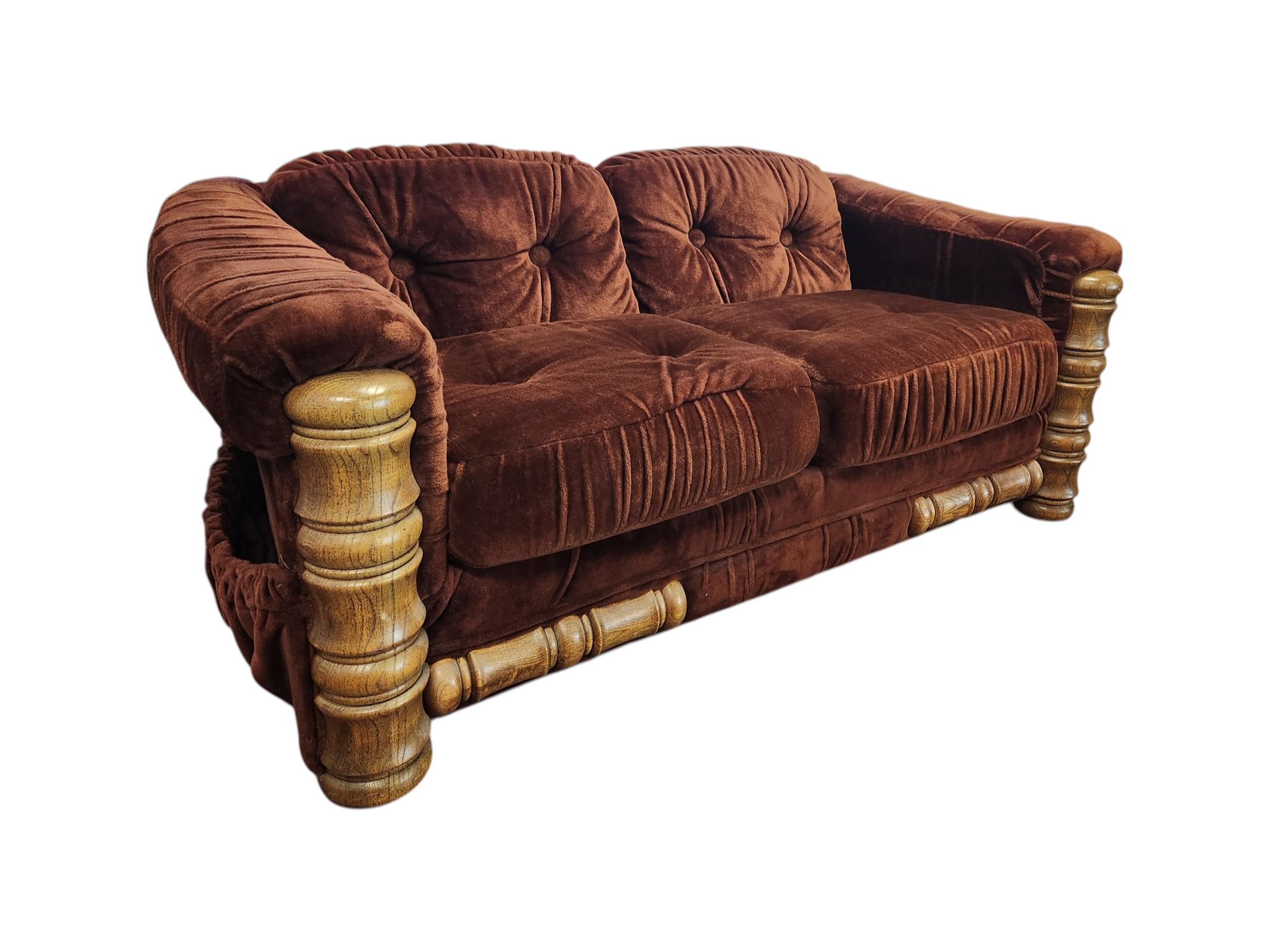 Vintage Wood Maroon Velvet Loveseat - Image 3