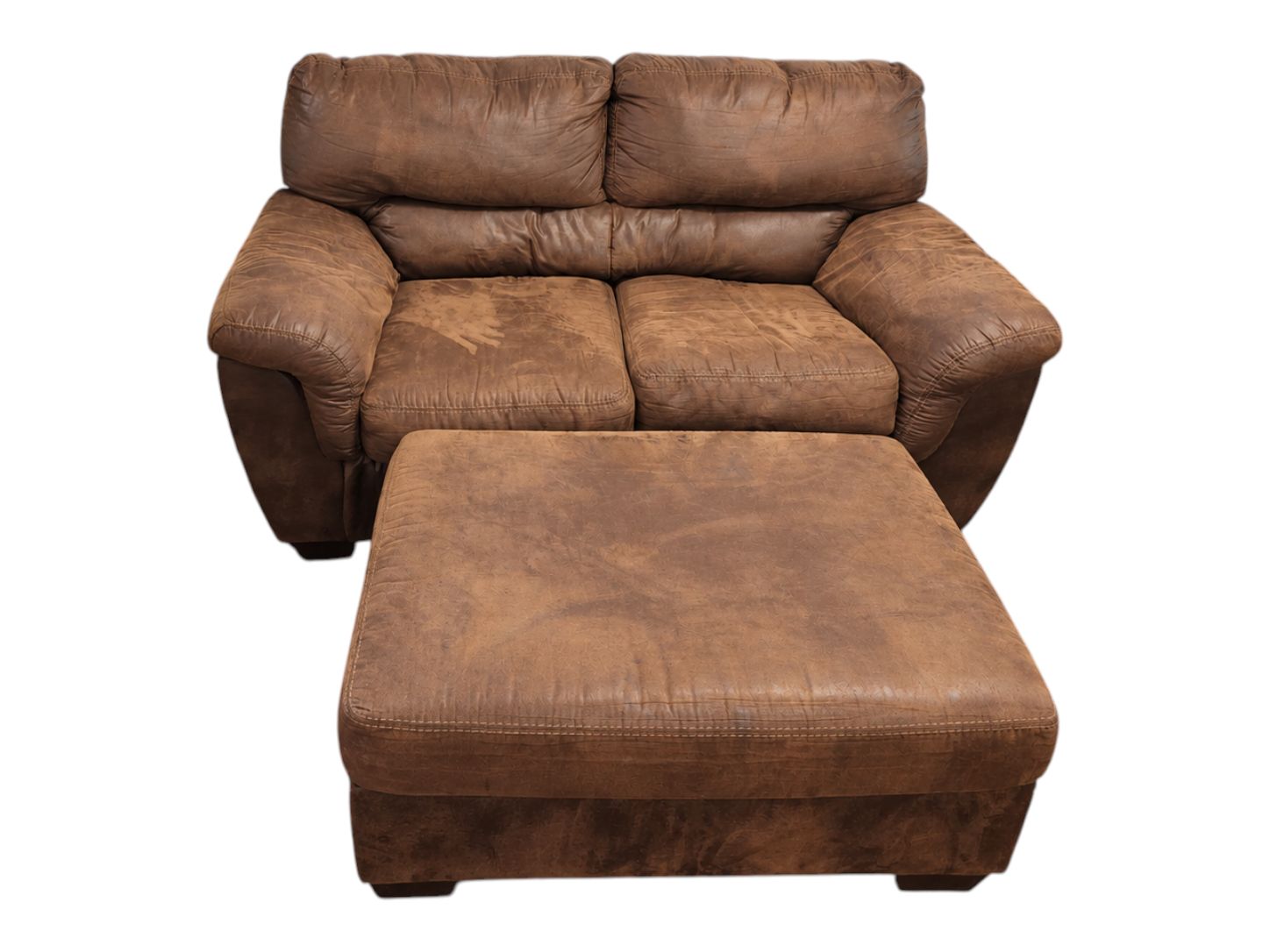 Ashley Furniture Brown Faux Leather Loveseat with Ottoman - Image 2