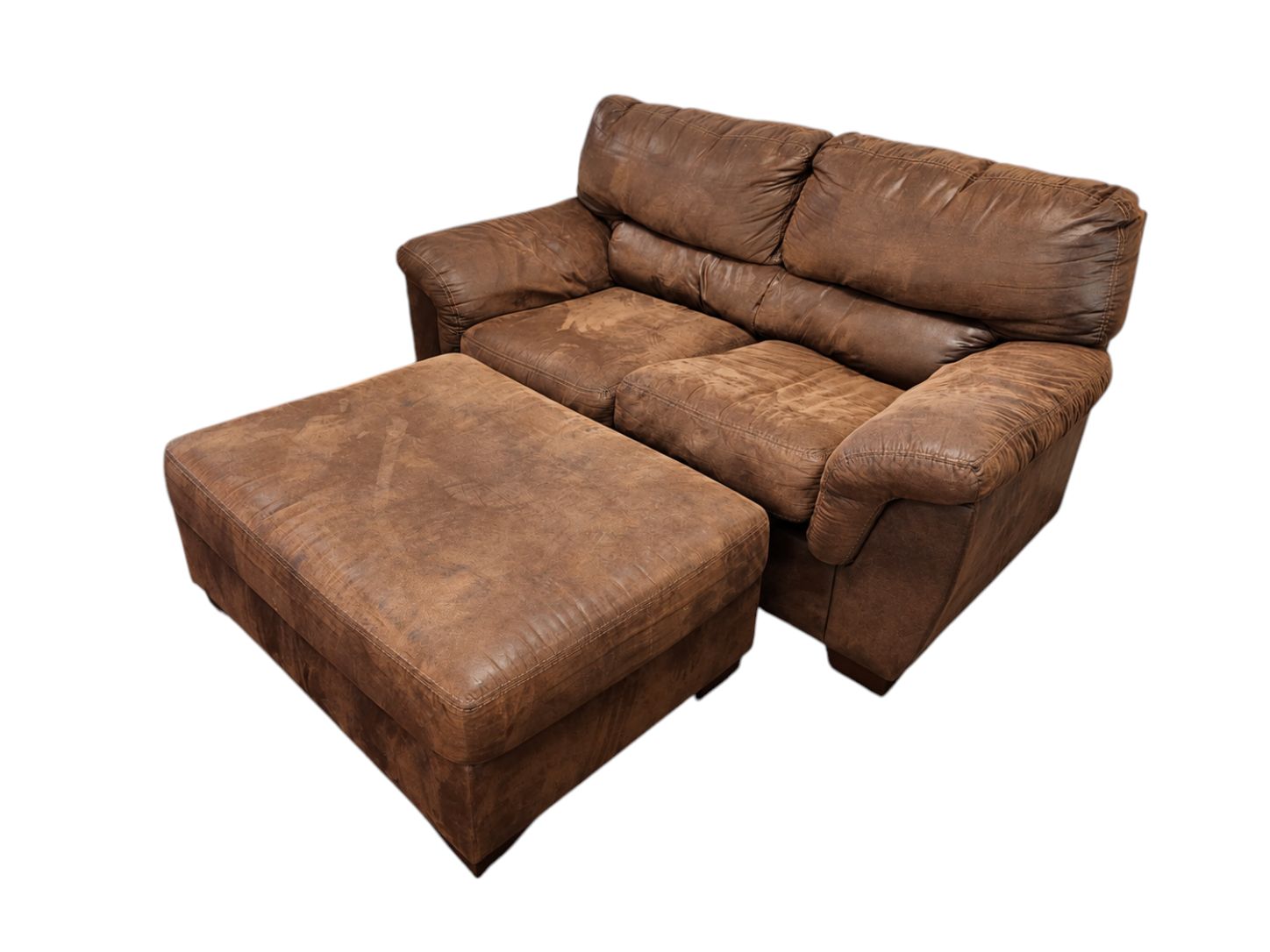 Ashley Furniture Brown Faux Leather Loveseat with Ottoman - Image 3