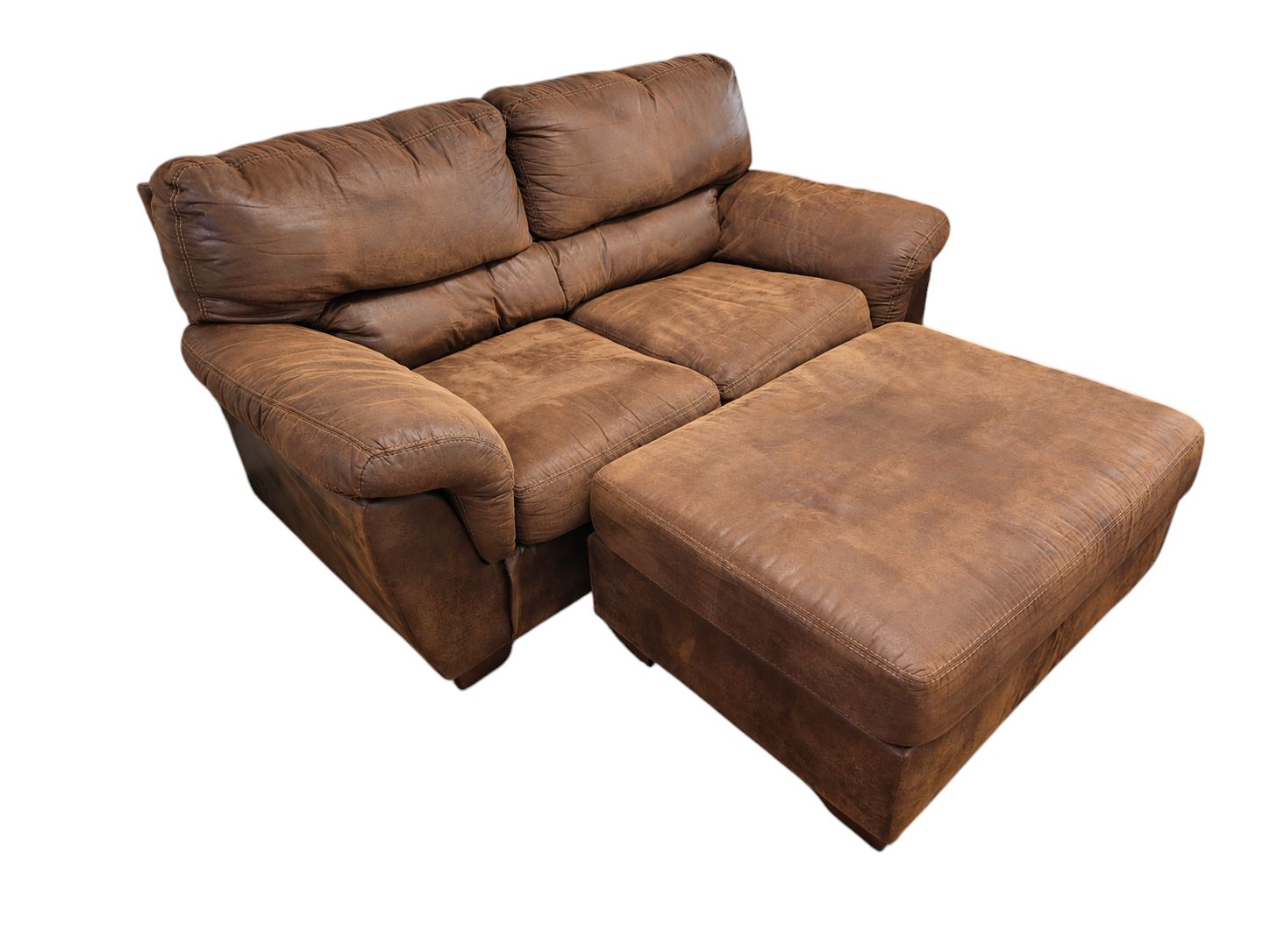 Ashley Furniture Brown Faux Leather Loveseat with Ottoman